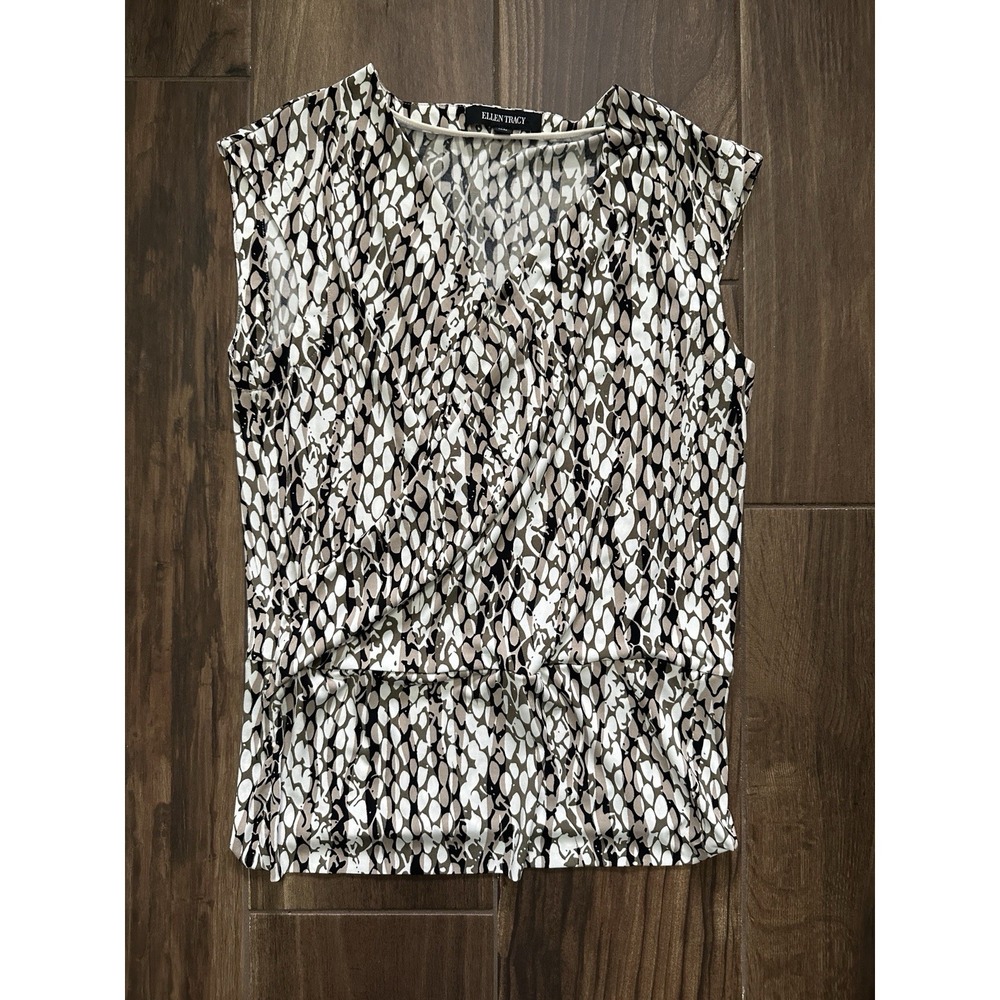 Ellen Tracy Womens Pebble Print Faux Wrap Sleeveless Blouse Black Tan‎ White M